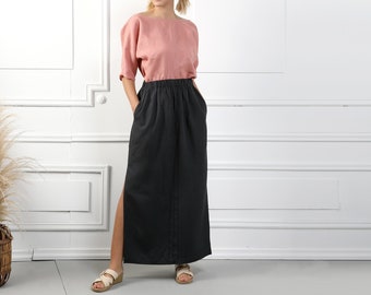 LEILANI Handmade Tutu Style Linen Skirt With Two Side Pockets, Long Linen Skirt Black Loose Vintage Linen Clothing For Womens Natural Skirt