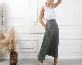 ATHENA Handmade A-Line Olive Green Linen Skirt, Natural Reversible Maxi Vintage Linen Clothing Skirt Womens Organic Soft Clothing Plus Size