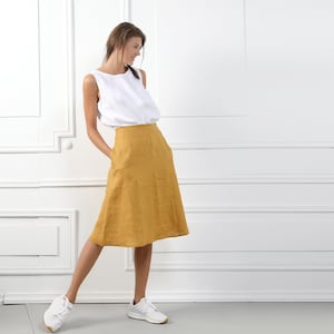 MARY Handmade A-Line Dark Camel Linen Skirt, Natural Reversible Midi Vintage Linen Clothing Skirt For Womens Organic Soft Clothing Plus Size