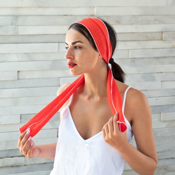 Haar sjaal nieuwe rode vrouwen hoofd sjaal linnen stof haar wrap, bandana voor de zomer sjaal stropdas op linnen vintage ascot knoop cadeau sjaal hoofdband