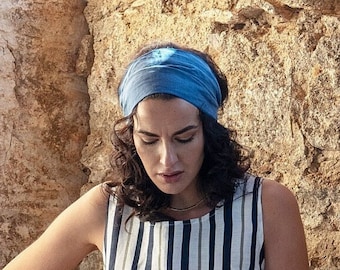 Denim Blue 100% Linen Headband Bandanna Natural Materials, Elastic Hairband Sports Yoga Fashion Wrap Womens, Mens Turban Head Band Bandana