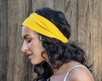 Yellow 100% Linen Soft Headband Bandanna Natural Materials, Elastic Hairband Sports Yoga Fashion Wrap Womens, Mens Turban Head Band Bandana