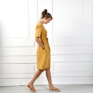 SOFIA Handmade Short Sleeve Linen Dress With V Neckline & Belt image 3