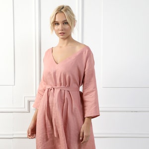 ARIA Handmade Oversize Linen Dress With 3/4 Sleeves & V Neckline, Salmon Coral Linen Plus Size Linen Sleeves Dress Straight Cut V Neck Dress image 3