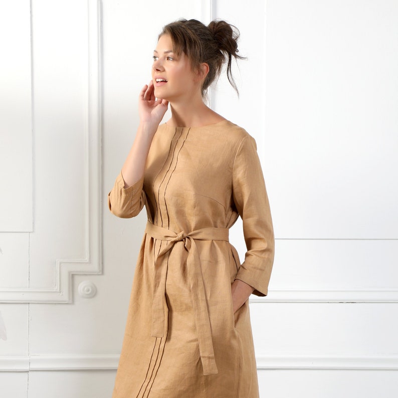 EVELYN Handgemaakte 3/4 Mouw linnen jurk met riem & zijzakken, minimale linnen zachte kleding vintage stijl zand lange mouwen jurkvoor dames afbeelding 7