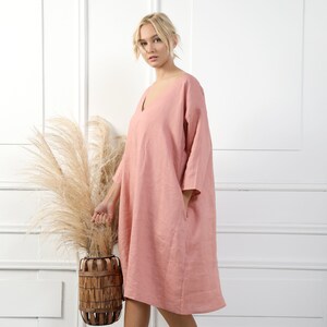 ARIA Handmade Oversize Linen Dress With 3/4 Sleeves & V Neckline, Salmon Coral Linen Plus Size Linen Sleeves Dress Straight Cut V Neck Dress image 2