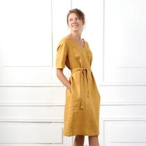 SOFIA Handmade Short Sleeve Linen Dress With V Neckline & Belt image 2