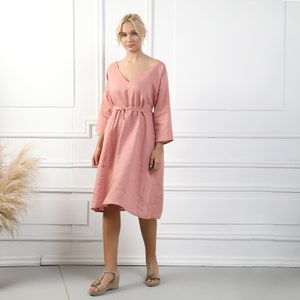 ARIA Handmade Oversize Linen Dress With 3/4 Sleeves & V Neckline, Salmon Coral Linen Plus Size Linen Sleeves Dress Straight Cut V Neck Dress image 1