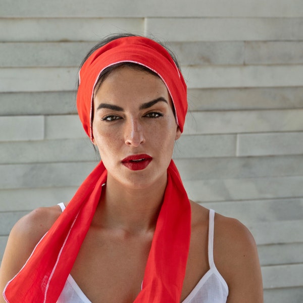 Haar sjaal nieuwe rode vrouwen hoofd sjaal linnen stof haar wrap, bandana voor de zomer sjaal stropdas op linnen vintage ascot knoop cadeau sjaal hoofdband
