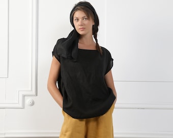 NAZEL Handmade Sleeveless Linen Top With Scoop Neckline