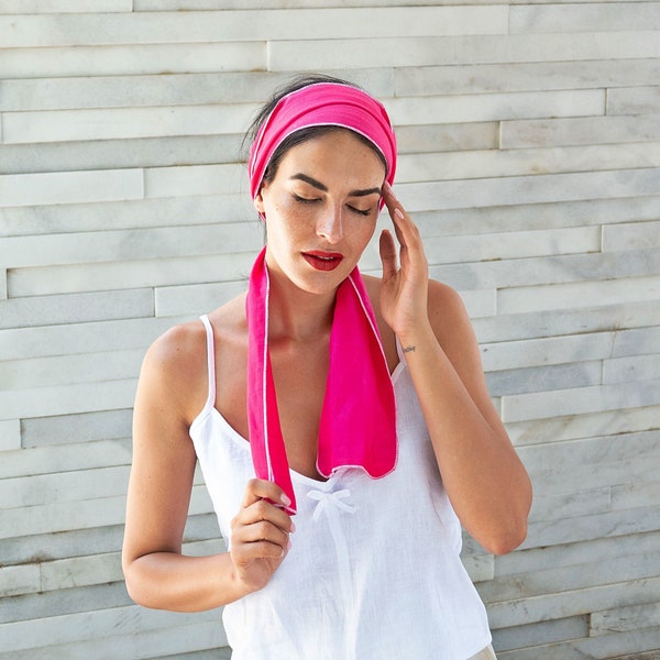 Haar sjaal Fuchsia Womens hoofd sjaal linnen stof haar wrap, bandana voor de zomer sjaals stropdas op linnen vintage ascot knot cadeau sjaal hoofdband