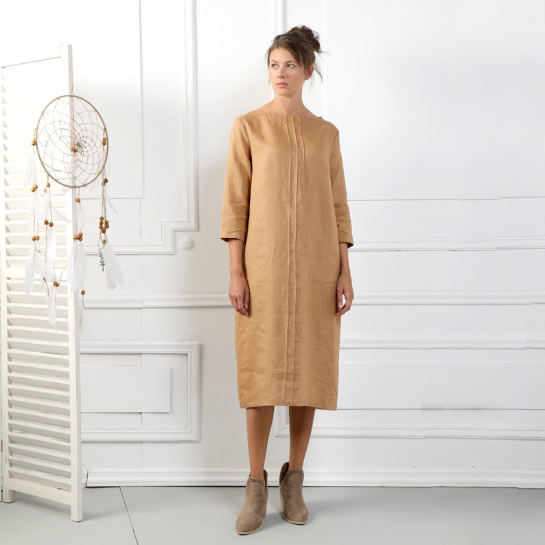 EVELYN Handmade 3/4 Sleeve Linen Dress With Belt & Side Pockets, Minimal Linen Soft Clothing Vintage Style Sand Long Sleeves DressFor Womens image 4