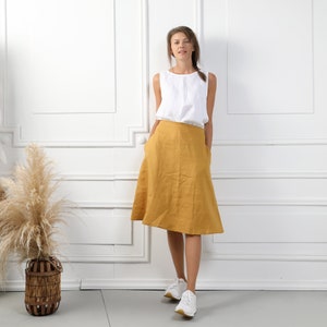 MARY Handmade A-Line Dark Camel Linen Skirt, Natural Reversible Midi Vintage Linen Clothing Skirt For Womens Organic Soft Clothing Plus Size image 4