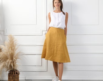 MARY Handmade A-Line Dark Camel Linen Skirt, Natural Reversible Midi Vintage Linen Clothing Skirt For Womens Organic Soft Clothing Plus Size