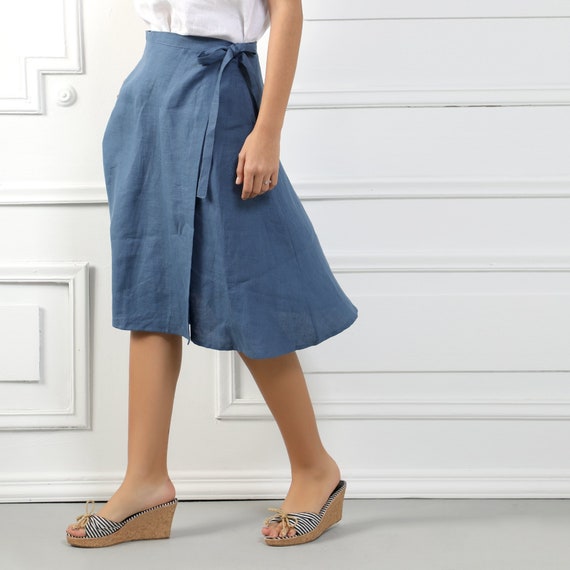 ALEXANDRA Handmade A line Wrap Linen Skirt Denim Blue Wrap