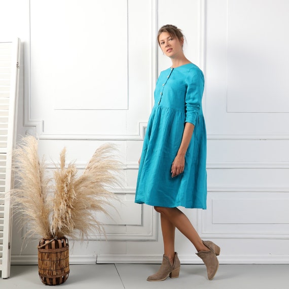 MIA Handmade Knee Length Linen Dress With Long Sleeves & Two Side Pockets,  Long Sleeve Organic Teal Blue Soft Pure Linen Dresses for Women 