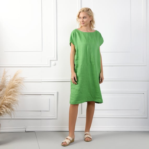 SAVANAH Handmade Sleeveless Linen Dress With Loose Fit, Green