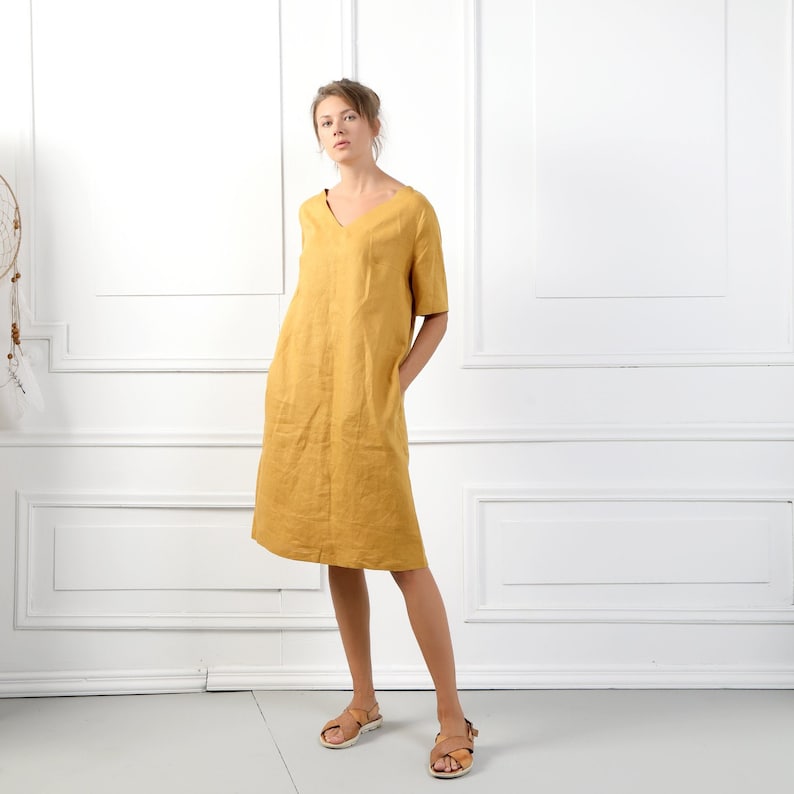 SOFIA Handmade Short Sleeve Linen Dress With V Neckline & Belt DARK CAMEL