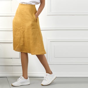 MARY Handmade A-Line Dark Camel Linen Skirt, Natural Reversible Midi Vintage Linen Clothing Skirt For Womens Organic Soft Clothing Plus Size image 3