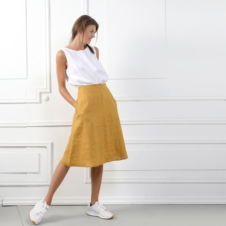 MARY Handmade A-Line Dark Camel Linen Skirt, Natural Reversible Midi Vintage Linen Clothing Skirt For Womens Organic Soft Clothing Plus Size image 1