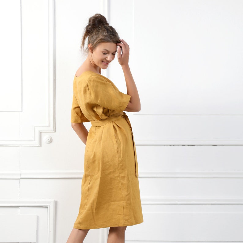 SOFIA Handmade Short Sleeve Linen Dress With V Neckline & Belt image 4
