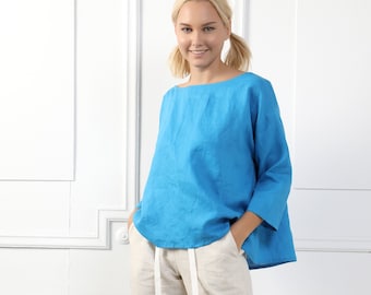 JADE handgemaakte dames linnen top met lange mouwen blauw, Italiaanse pure linnen blouse lange sleves kleding voor vrouwen, linnen stof shirt blauw