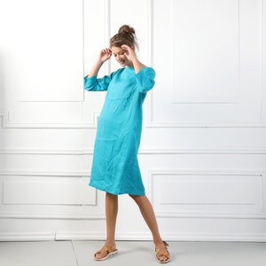 VICTORIA Handmade Loose Fit Linen Tunic Dress With 3/4 Sleeves & Belt TEAL