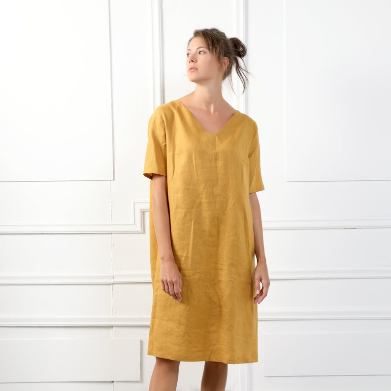 SOFIA Handmade Short Sleeve Linen Dress With V Neckline & Belt image 5