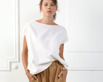 NAZEL Handmade Sleeveless Linen Shirt For Womens, Soft Natural Italian White Linen Summer Blous Tank Top, Linen White Cazual Clothes Minimal