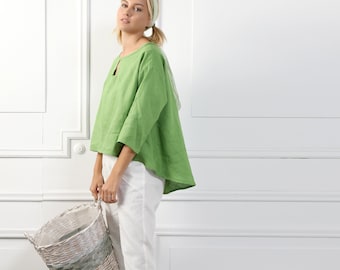 KATHERINE Handmade Straight Cut Linen Top With 3/4 Sleeves, Green Linen Blouse For Womens, Green TShirt Organic Linen Clothes For Summer