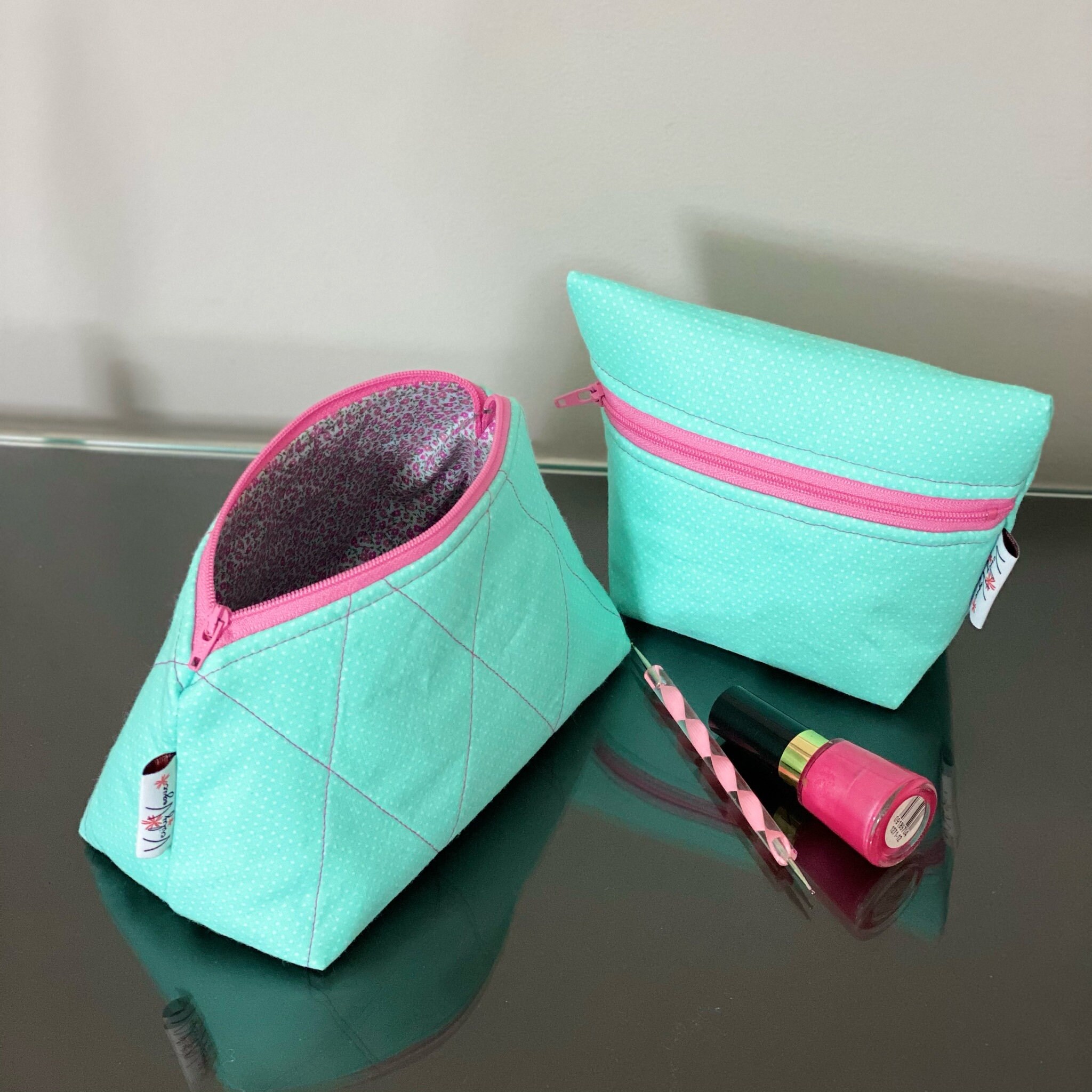 Cosmetic Bag Set Class Mini Sea Green With White Dots. Etsy