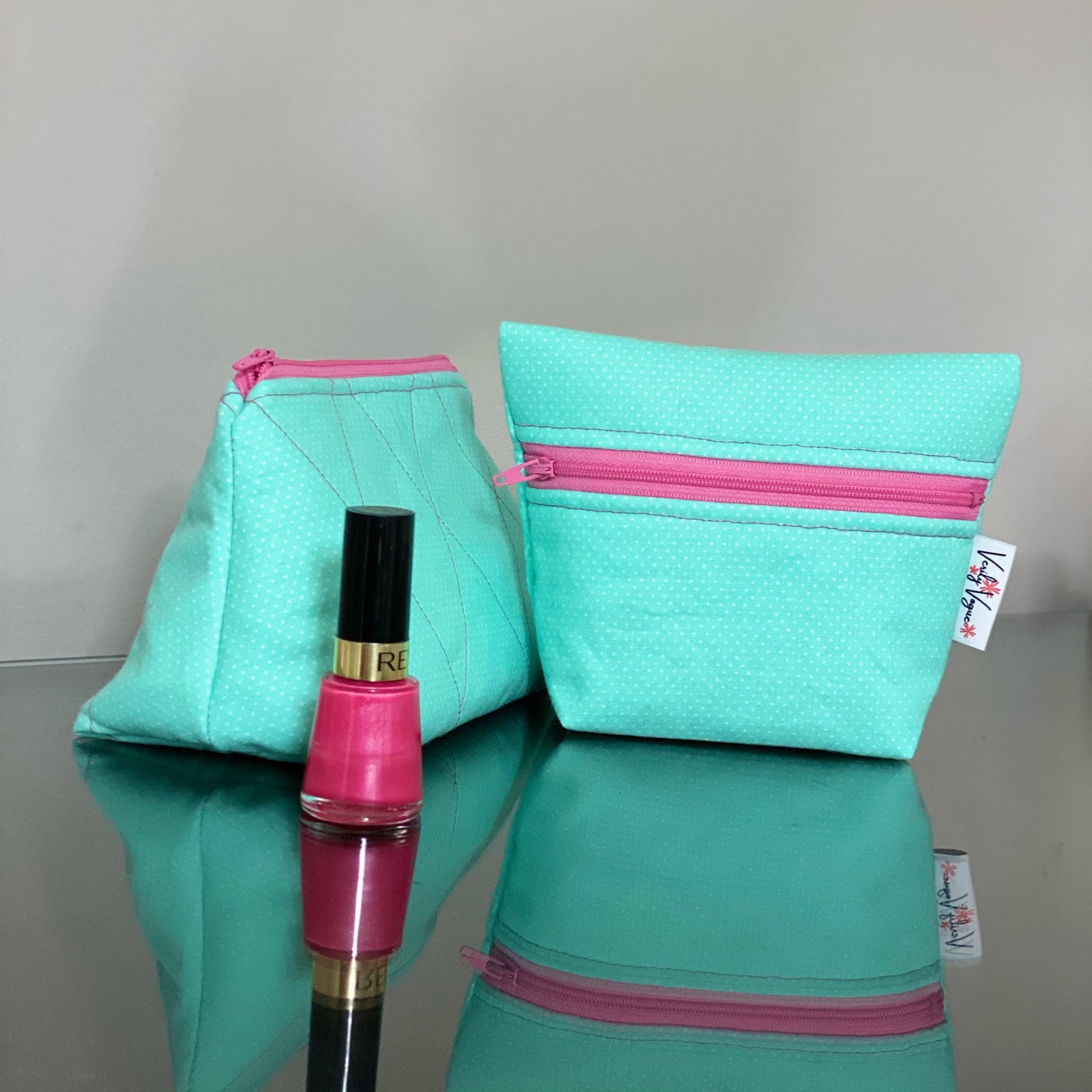 Cosmetic Bag Set Class Mini Sea Green With White Dots. Etsy