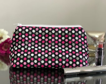 VerilyVogue Classic Cosmetic Bag: Black and Pink Polka Dot. Perfect for gifting, bridesmaid proposal, Purse organizer, Travel accessories