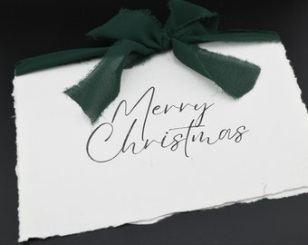 Deckle Edge Paper Holiday Card - “Merry Christmas” with green chiffon ribbon