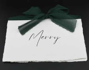 Deckle Edge Paper Holiday Card - “Merry” with green chiffon ribbon