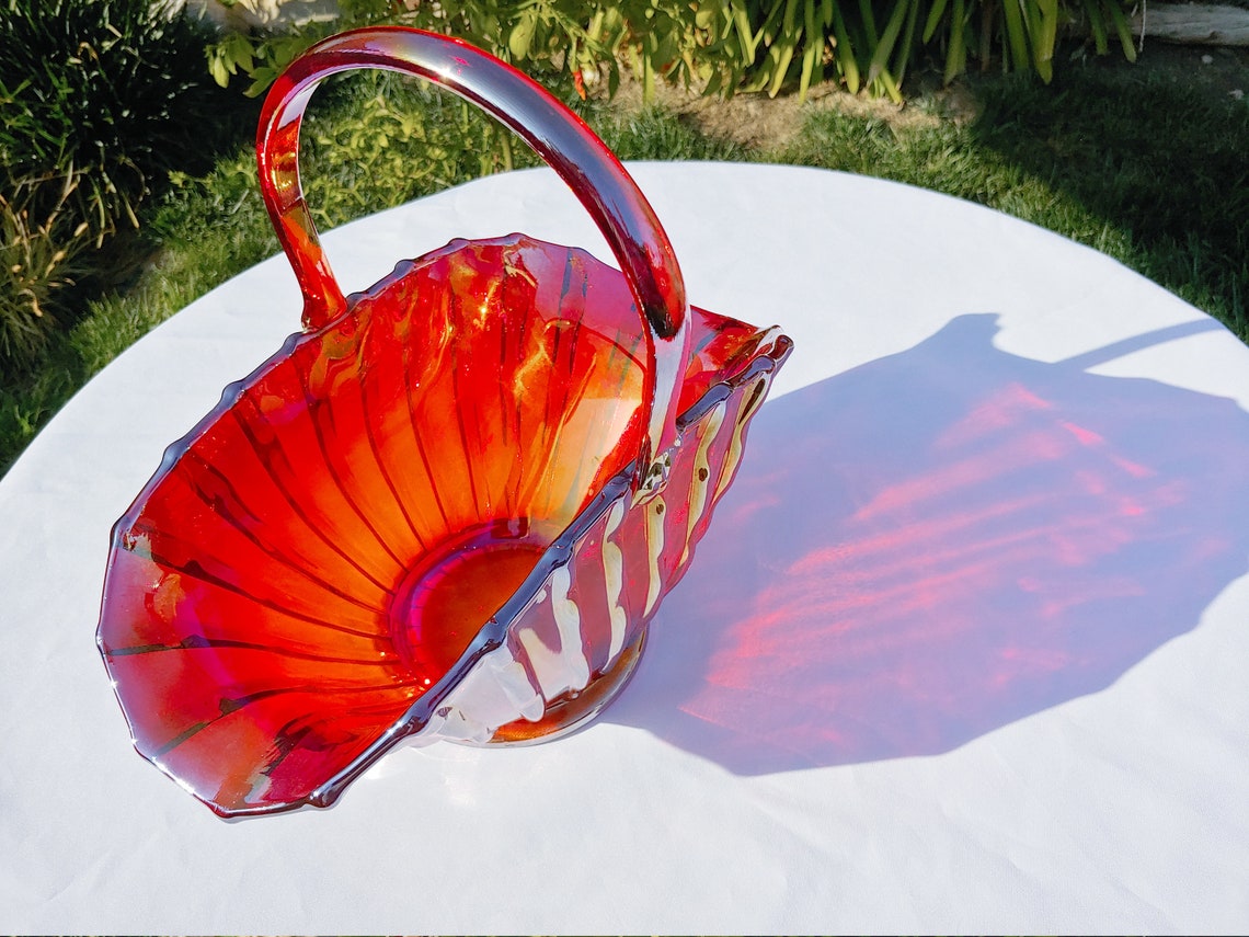 Vintage red glass basket. RARE FIND Etsy