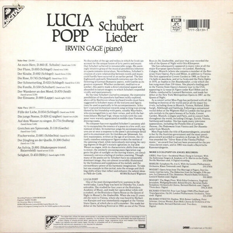 Vinyl Lp Ds-538139 Emi Lucia Popp Sings Schubert Lieder Irwin Gage Sealed!