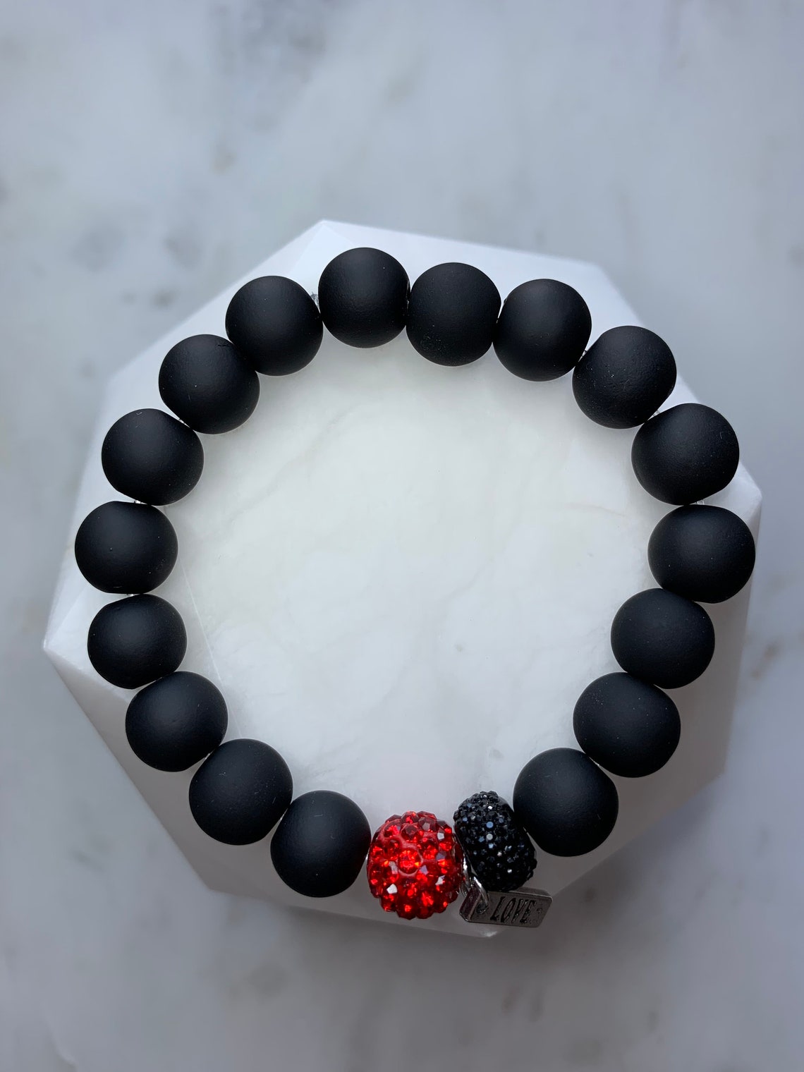 Black beaded bracelet with Love Charm and Red Pave Crystal Etsy
