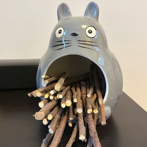Op de afbeelding: Een grijze keramische container in de vorm van een stripfiguur, gevuld met talrijke bruine houten stokken. De container heeft grote, ronde ogen en kleine oren. De stokken zijn van verschillende lengtes en diktes.