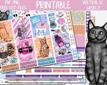 Könnte beinhalten: Druckbare Katzen-Wochenplaner-Sticker mit verschiedenen Designs, darunter Katzen in Katzenbetten, Katzen an Kratzbäumen und Katzen mit Futternäpfen. Die Sticker sind auf weißem Hintergrund mit violetten, blauen und rosafarbenen Akzenten. Der Text "Cat mama" und "Cat life" ist auf den Stickern enthalten.