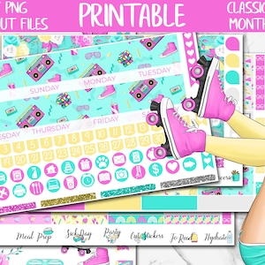Retro Fun | 90s Girl Classic Happy Planner Printable July Monthly Stickers, Nostalgic Digital Stickers PNG, HP Planner Monthly Sticker Kit