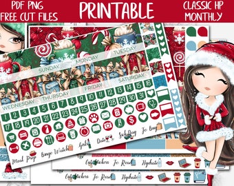 Op de afbeelding: Printbare kerstthema-plannerstickers in een rood-wit-groen kleurenschema. De stickers bevatten verschillende ontwerpen, waaronder een kalender, een kerstboom, een cadeaudoos en een sneeuwvlok. De stickers zijn perfect om een ​​feestelijke touch aan je planner toe te voegen.
