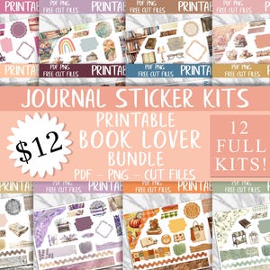 May include: A digital collection of 12 printable journal sticker kits featuring book-themed illustrations, including rainbows, bookshelves, floral patterns, and various stationery elements. The bundle includes PDF, PNG, and cut files for planners.