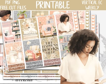 May include: Printable planner stickers featuring a woman reading in a cozy room with bookshelves, a cat, and a quote that says "Life Happens Books Help". The stickers are in a vertical weekly format and include other elements like "Work", "To Clean", and "Important".