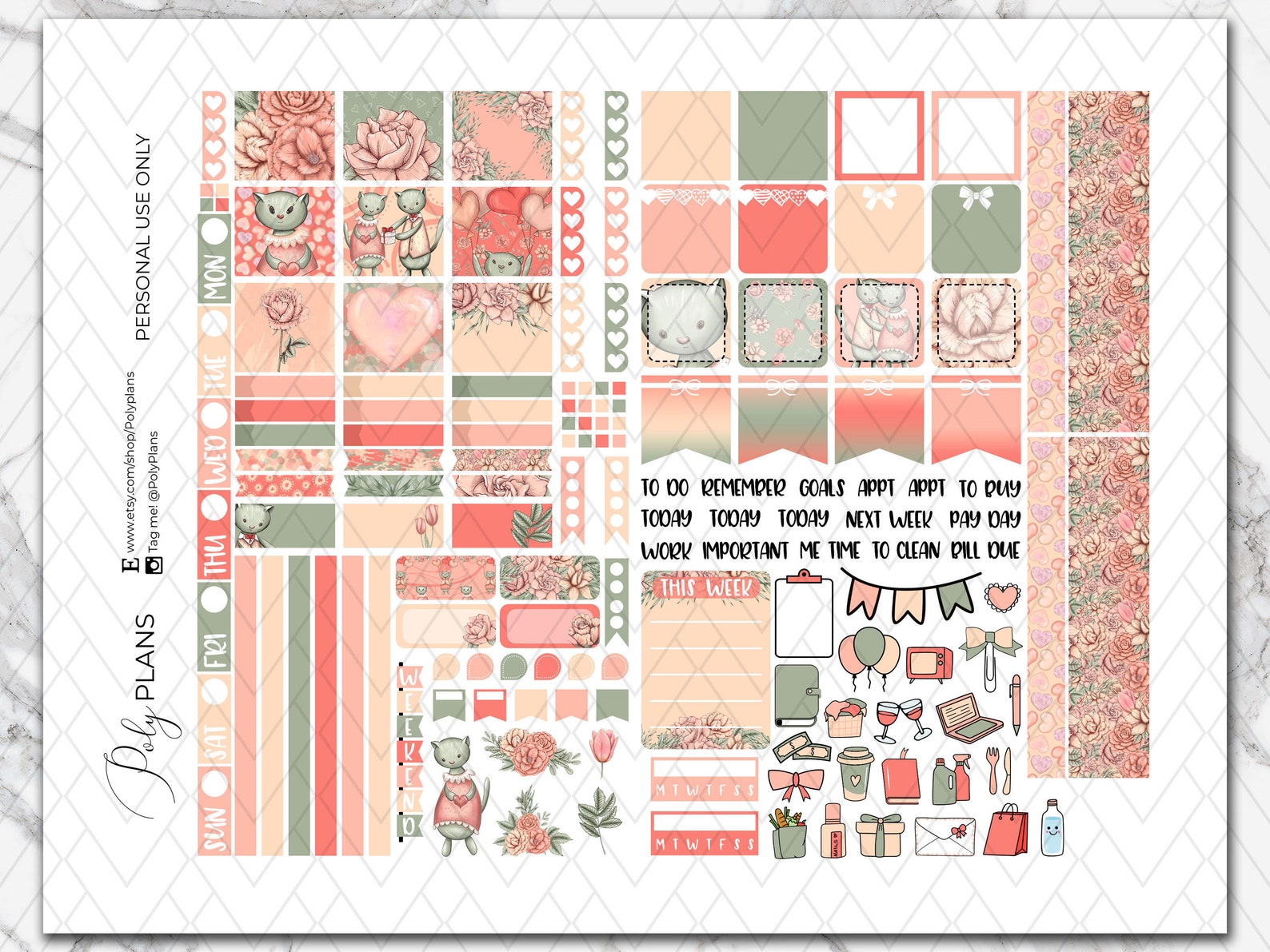 Kitten Love | Valentines Day Hobonichi Weeks Printable Planner Stickers ...