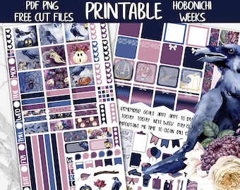 The Raven | Halloween Hobonichi Weeks Printable Planner Stickers, Spooky Digital Stickers PNG, Hobo October Functional Weekly Sticker Kit
