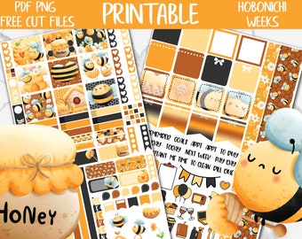 Honey Bee | Spring Bees Hobonichi Weeks Printable Planner Stickers, Cute Bees Digital Stickers PNG, Honeycomb Hobo Functional Weekly Kit