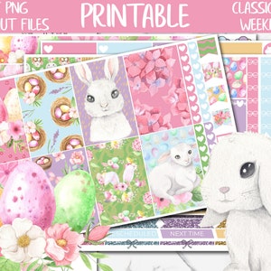Easter | Bunny Classic Happy Planner Weekly Stickers Printable, Spring Happy Planner Digital Stickers, Floral HP Weekly Planner Sticker Kit