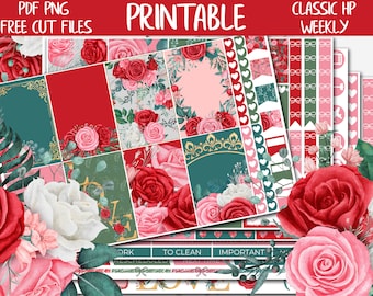 Roses | Happy Planner Weekly Printable Stickers, Floral Digital Stickers PNG, Red Flowers Classic HP Vertical Weekly Planner Sticker Kit