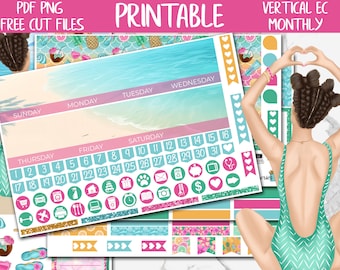 Fresh | Beach Printable Planner Stickers, Summer Erin Condren Monthly Planner Stickers, June Digital Stickers, Vacation Monthly Sticker Kit